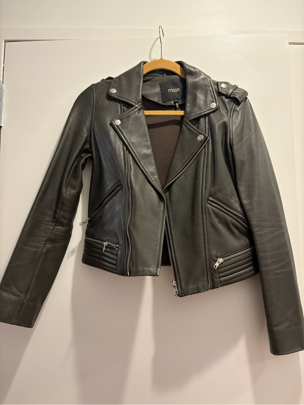 Maje Women’s Olive Green Basalt Lamb Leather Moto Biker Lambskin (38 FR)